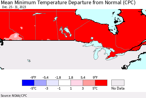 Canada Mean Minimum Temperature Departure from Normal (CPC) Thematic Map For 12/25/2023 - 12/31/2023