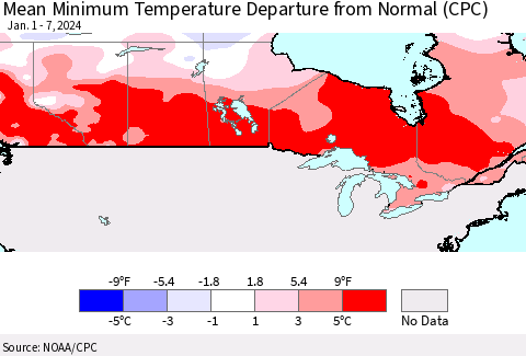 Canada Mean Minimum Temperature Departure from Normal (CPC) Thematic Map For 1/1/2024 - 1/7/2024