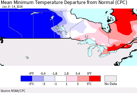 Canada Mean Minimum Temperature Departure from Normal (CPC) Thematic Map For 1/8/2024 - 1/14/2024