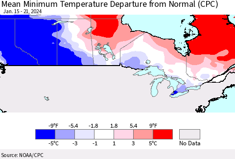 Canada Mean Minimum Temperature Departure from Normal (CPC) Thematic Map For 1/15/2024 - 1/21/2024