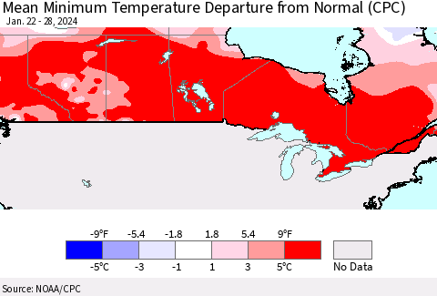 Canada Mean Minimum Temperature Departure from Normal (CPC) Thematic Map For 1/22/2024 - 1/28/2024