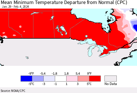 Canada Mean Minimum Temperature Departure from Normal (CPC) Thematic Map For 1/29/2024 - 2/4/2024