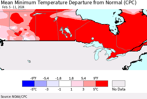 Canada Mean Minimum Temperature Departure from Normal (CPC) Thematic Map For 2/5/2024 - 2/11/2024