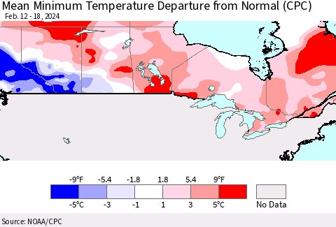 Canada Mean Minimum Temperature Departure from Normal (CPC) Thematic Map For 2/12/2024 - 2/18/2024