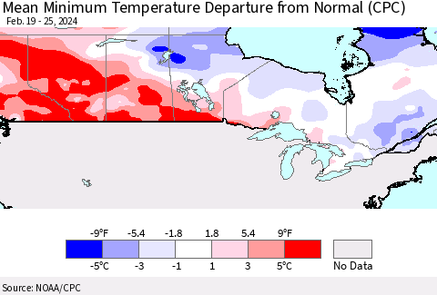 Canada Mean Minimum Temperature Departure from Normal (CPC) Thematic Map For 2/19/2024 - 2/25/2024