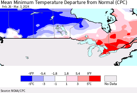 Canada Mean Minimum Temperature Departure from Normal (CPC) Thematic Map For 2/26/2024 - 3/3/2024