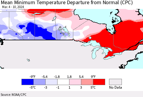 Canada Mean Minimum Temperature Departure from Normal (CPC) Thematic Map For 3/4/2024 - 3/10/2024