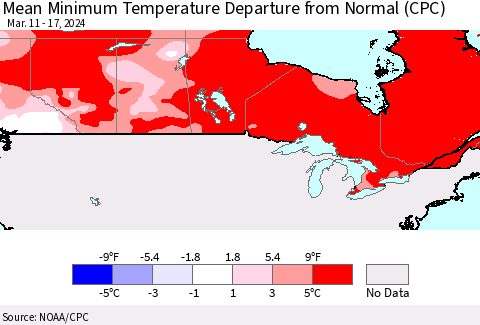 Canada Mean Minimum Temperature Departure from Normal (CPC) Thematic Map For 3/11/2024 - 3/17/2024