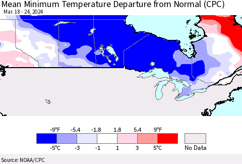 Canada Mean Minimum Temperature Departure from Normal (CPC) Thematic Map For 3/18/2024 - 3/24/2024