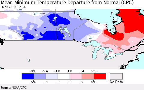 Canada Mean Minimum Temperature Departure from Normal (CPC) Thematic Map For 3/25/2024 - 3/31/2024