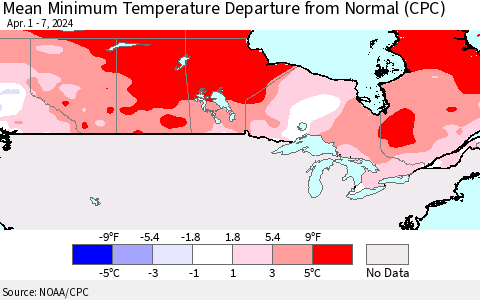 Canada Mean Minimum Temperature Departure from Normal (CPC) Thematic Map For 4/1/2024 - 4/7/2024