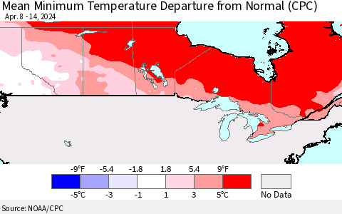 Canada Mean Minimum Temperature Departure from Normal (CPC) Thematic Map For 4/8/2024 - 4/14/2024