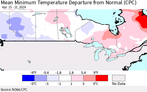 Canada Mean Minimum Temperature Departure from Normal (CPC) Thematic Map For 4/15/2024 - 4/21/2024