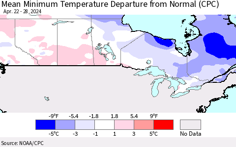 Canada Mean Minimum Temperature Departure from Normal (CPC) Thematic Map For 4/22/2024 - 4/28/2024