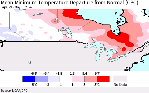 Canada Mean Minimum Temperature Departure from Normal (CPC) Thematic Map For 4/29/2024 - 5/5/2024