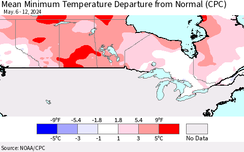 Canada Mean Minimum Temperature Departure from Normal (CPC) Thematic Map For 5/6/2024 - 5/12/2024