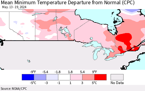 Canada Mean Minimum Temperature Departure from Normal (CPC) Thematic Map For 5/13/2024 - 5/19/2024