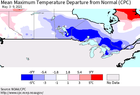 Canada Mean Maximum Temperature Departure from Normal (CPC) Thematic Map For 5/3/2021 - 5/9/2021