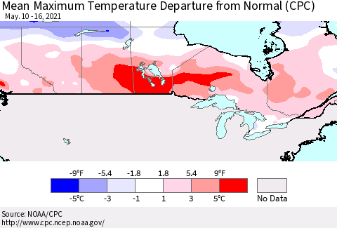 Canada Mean Maximum Temperature Departure from Normal (CPC) Thematic Map For 5/10/2021 - 5/16/2021