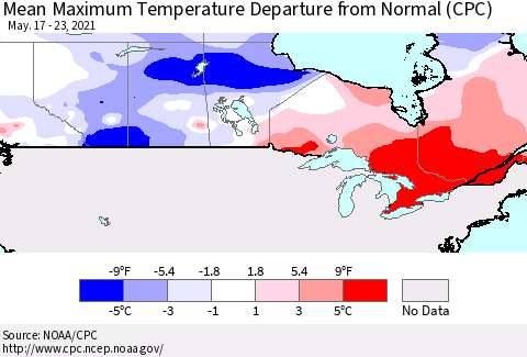Canada Mean Maximum Temperature Departure from Normal (CPC) Thematic Map For 5/17/2021 - 5/23/2021