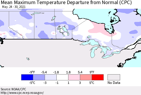 Canada Mean Maximum Temperature Departure from Normal (CPC) Thematic Map For 5/24/2021 - 5/30/2021