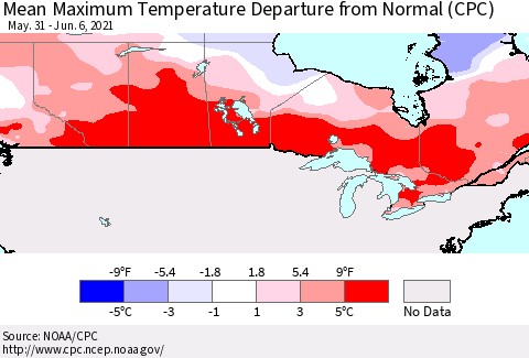 Canada Mean Maximum Temperature Departure from Normal (CPC) Thematic Map For 5/31/2021 - 6/6/2021
