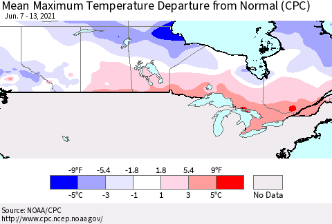 Canada Mean Maximum Temperature Departure from Normal (CPC) Thematic Map For 6/7/2021 - 6/13/2021