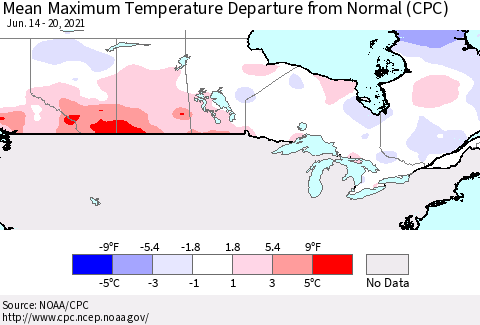 Canada Mean Maximum Temperature Departure from Normal (CPC) Thematic Map For 6/14/2021 - 6/20/2021