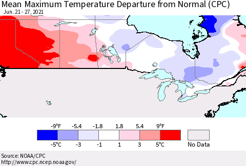 Canada Mean Maximum Temperature Departure from Normal (CPC) Thematic Map For 6/21/2021 - 6/27/2021