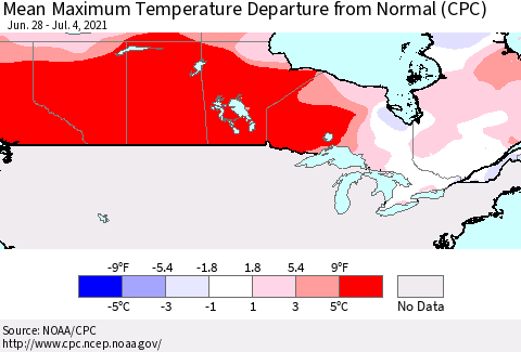 Canada Mean Maximum Temperature Departure from Normal (CPC) Thematic Map For 6/28/2021 - 7/4/2021