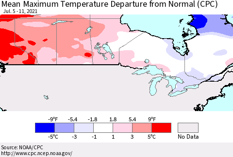 Canada Mean Maximum Temperature Departure from Normal (CPC) Thematic Map For 7/5/2021 - 7/11/2021