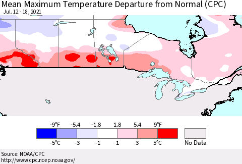 Canada Mean Maximum Temperature Departure from Normal (CPC) Thematic Map For 7/12/2021 - 7/18/2021