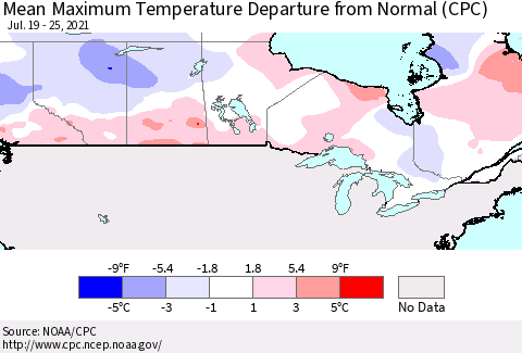 Canada Mean Maximum Temperature Departure from Normal (CPC) Thematic Map For 7/19/2021 - 7/25/2021