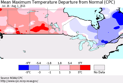 Canada Mean Maximum Temperature Departure from Normal (CPC) Thematic Map For 7/26/2021 - 8/1/2021