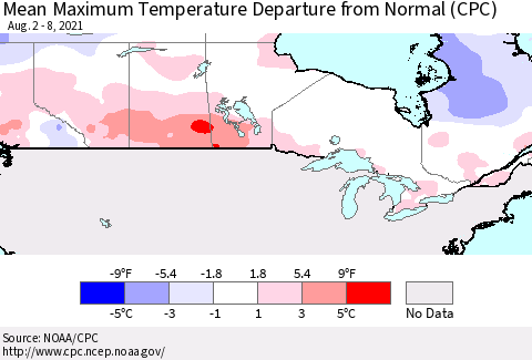 Canada Mean Maximum Temperature Departure from Normal (CPC) Thematic Map For 8/2/2021 - 8/8/2021