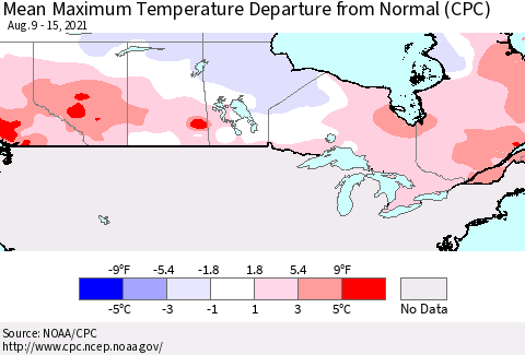 Canada Mean Maximum Temperature Departure from Normal (CPC) Thematic Map For 8/9/2021 - 8/15/2021