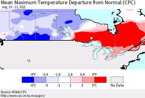 Canada Mean Maximum Temperature Departure from Normal (CPC) Thematic Map For 8/16/2021 - 8/22/2021