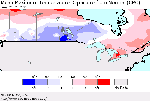 Canada Mean Maximum Temperature Departure from Normal (CPC) Thematic Map For 8/23/2021 - 8/29/2021