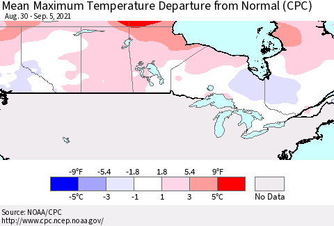 Canada Mean Maximum Temperature Departure from Normal (CPC) Thematic Map For 8/30/2021 - 9/5/2021