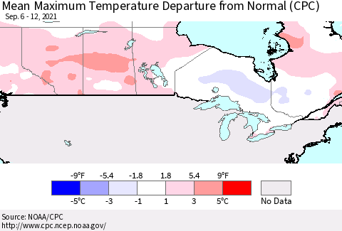 Canada Mean Maximum Temperature Departure from Normal (CPC) Thematic Map For 9/6/2021 - 9/12/2021