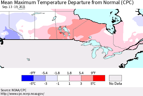 Canada Mean Maximum Temperature Departure from Normal (CPC) Thematic Map For 9/13/2021 - 9/19/2021