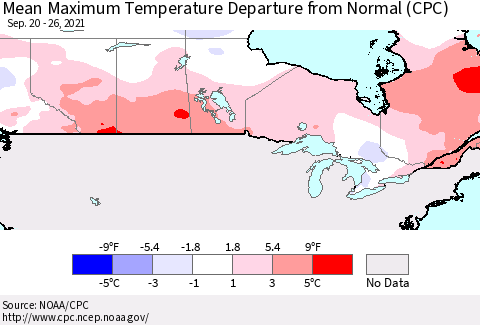 Canada Mean Maximum Temperature Departure from Normal (CPC) Thematic Map For 9/20/2021 - 9/26/2021
