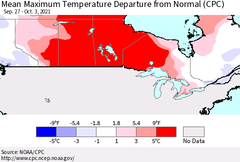 Canada Mean Maximum Temperature Departure from Normal (CPC) Thematic Map For 9/27/2021 - 10/3/2021
