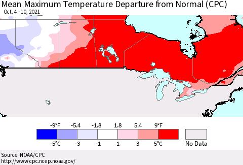 Canada Mean Maximum Temperature Departure from Normal (CPC) Thematic Map For 10/4/2021 - 10/10/2021