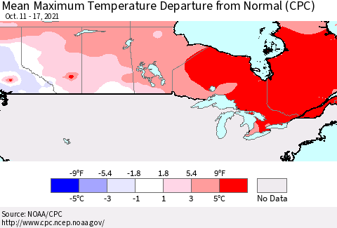 Canada Mean Maximum Temperature Departure from Normal (CPC) Thematic Map For 10/11/2021 - 10/17/2021