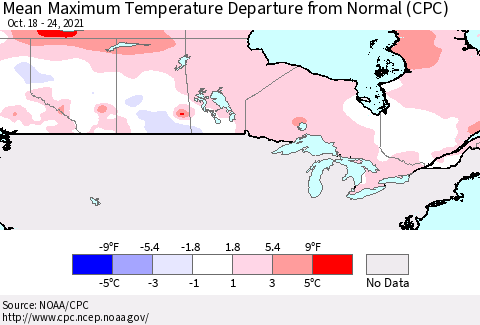 Canada Mean Maximum Temperature Departure from Normal (CPC) Thematic Map For 10/18/2021 - 10/24/2021