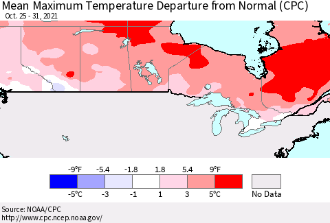 Canada Mean Maximum Temperature Departure from Normal (CPC) Thematic Map For 10/25/2021 - 10/31/2021
