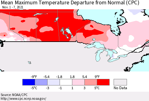 Canada Mean Maximum Temperature Departure from Normal (CPC) Thematic Map For 11/1/2021 - 11/7/2021