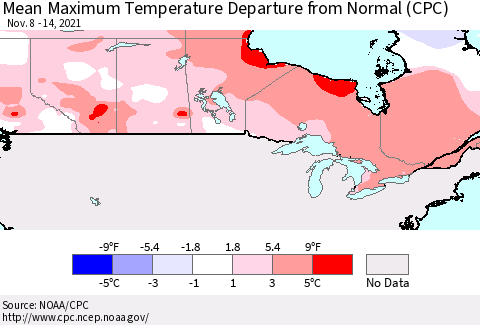 Canada Mean Maximum Temperature Departure from Normal (CPC) Thematic Map For 11/8/2021 - 11/14/2021