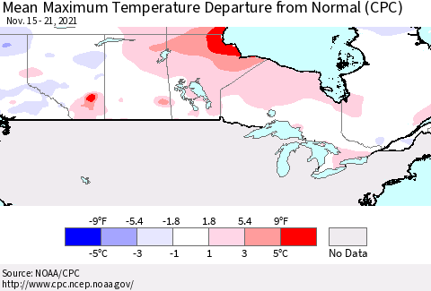 Canada Mean Maximum Temperature Departure from Normal (CPC) Thematic Map For 11/15/2021 - 11/21/2021